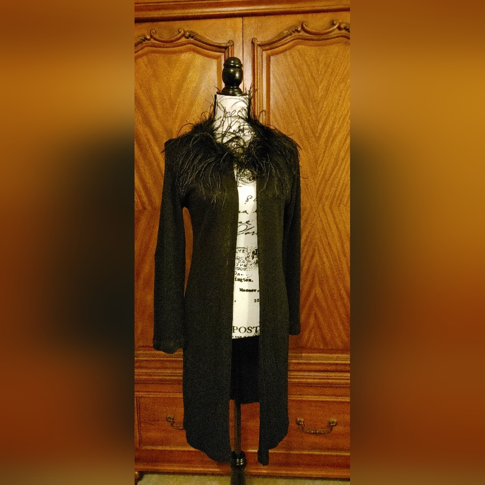 Gidani black sweater duster with feather collar, sized as L, NWOT